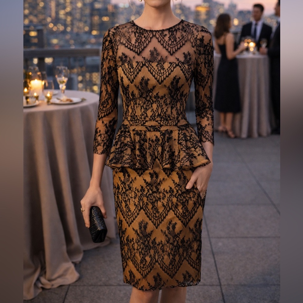 Ganni Larkin Lace Peplum Brown Black Illusion Neckline Cocktail Dress NEW SZ XS